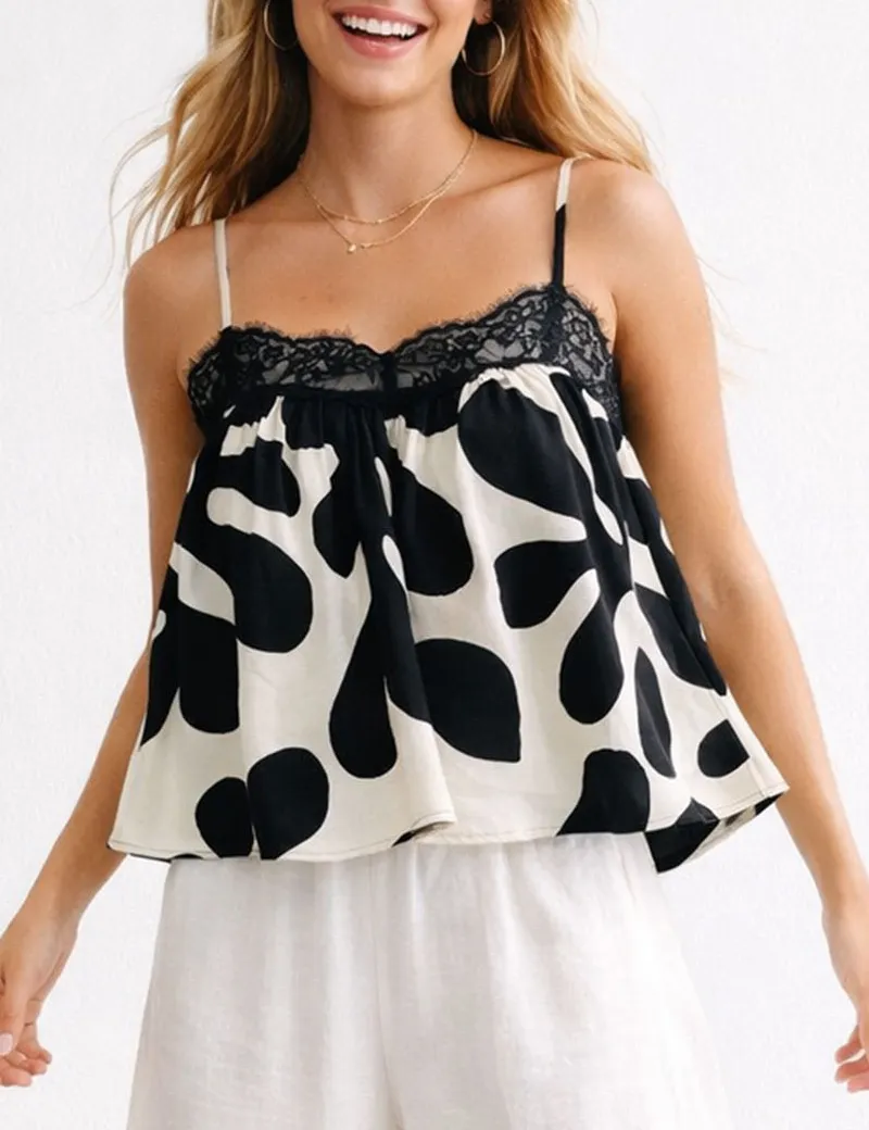 Chic Abstract Scalloped Lace Trim Crop Cami Top