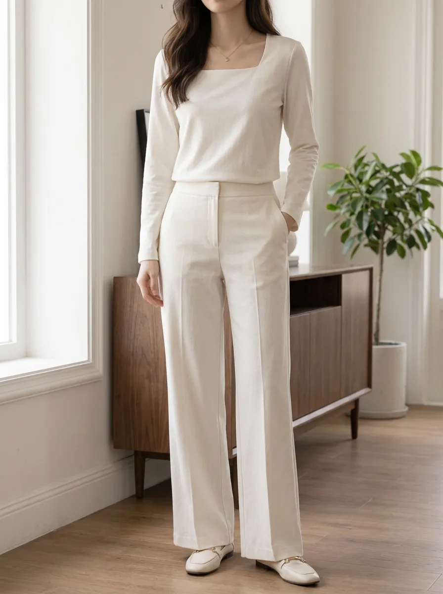 Women's Minimalist Cream Square Neck Long Sleeve Trouser Set