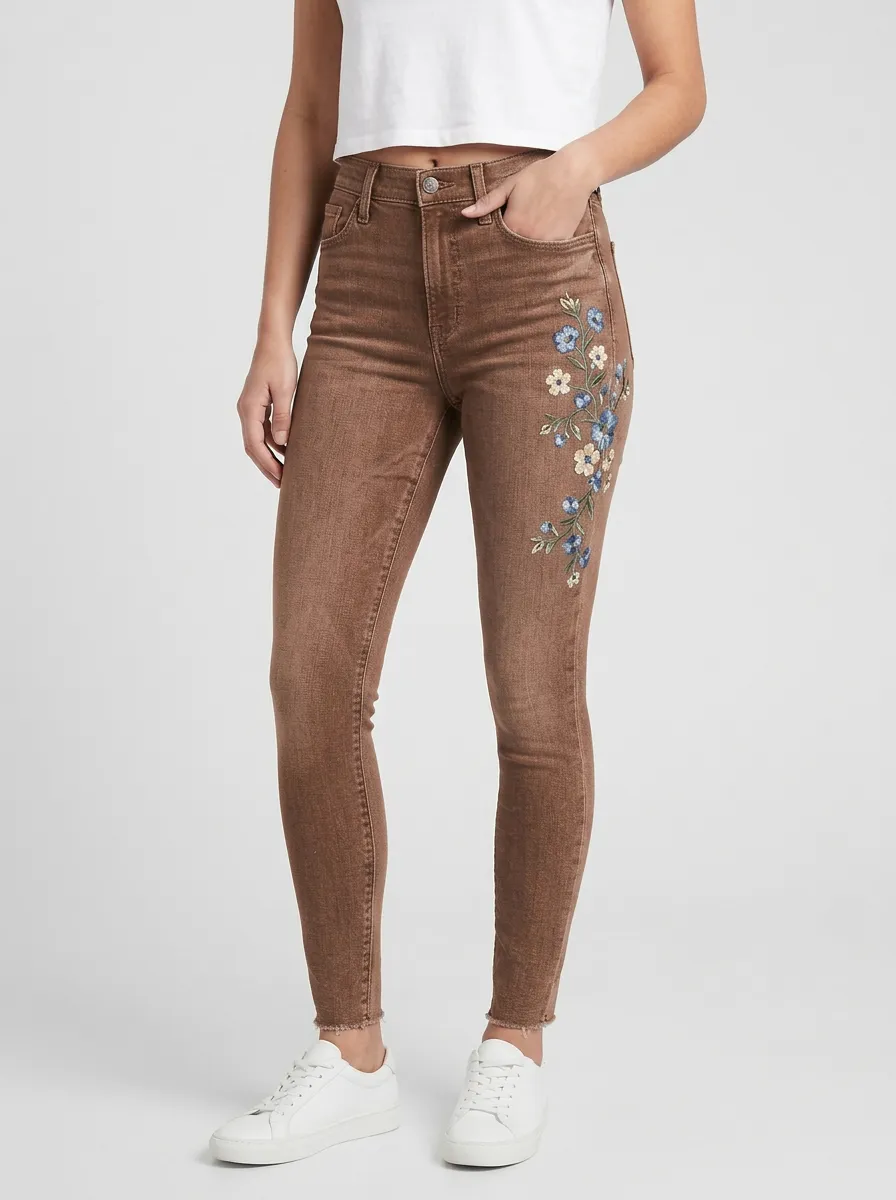 Women's Floral Blue Flower Embroidered Slim Jeans
