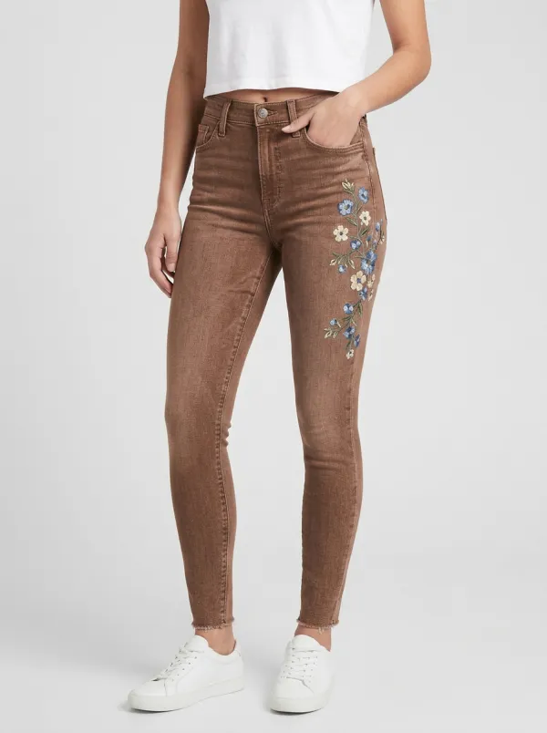 Women's Floral Blue Flower Embroidered Slim Jeans