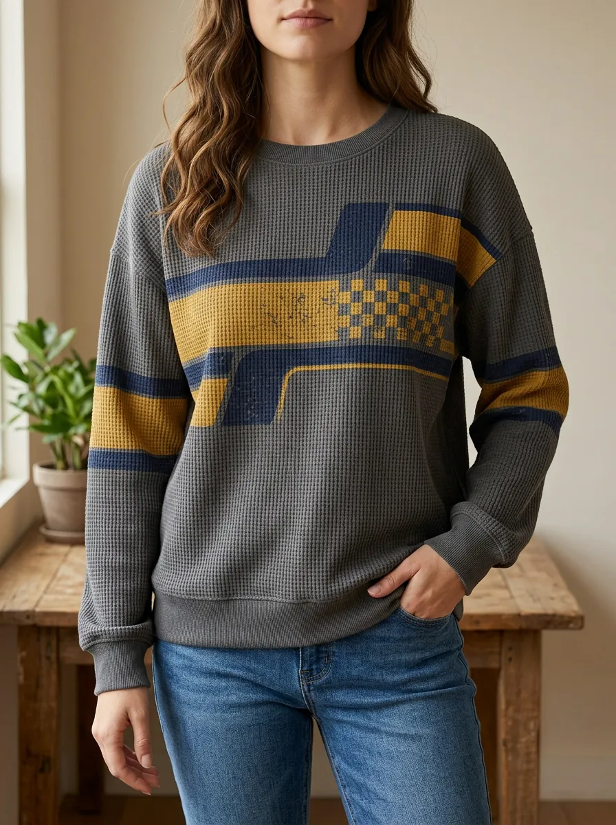 Women's Geometric Checkered Pattern Printed Waffle Knit Crewneck Sweatshirt