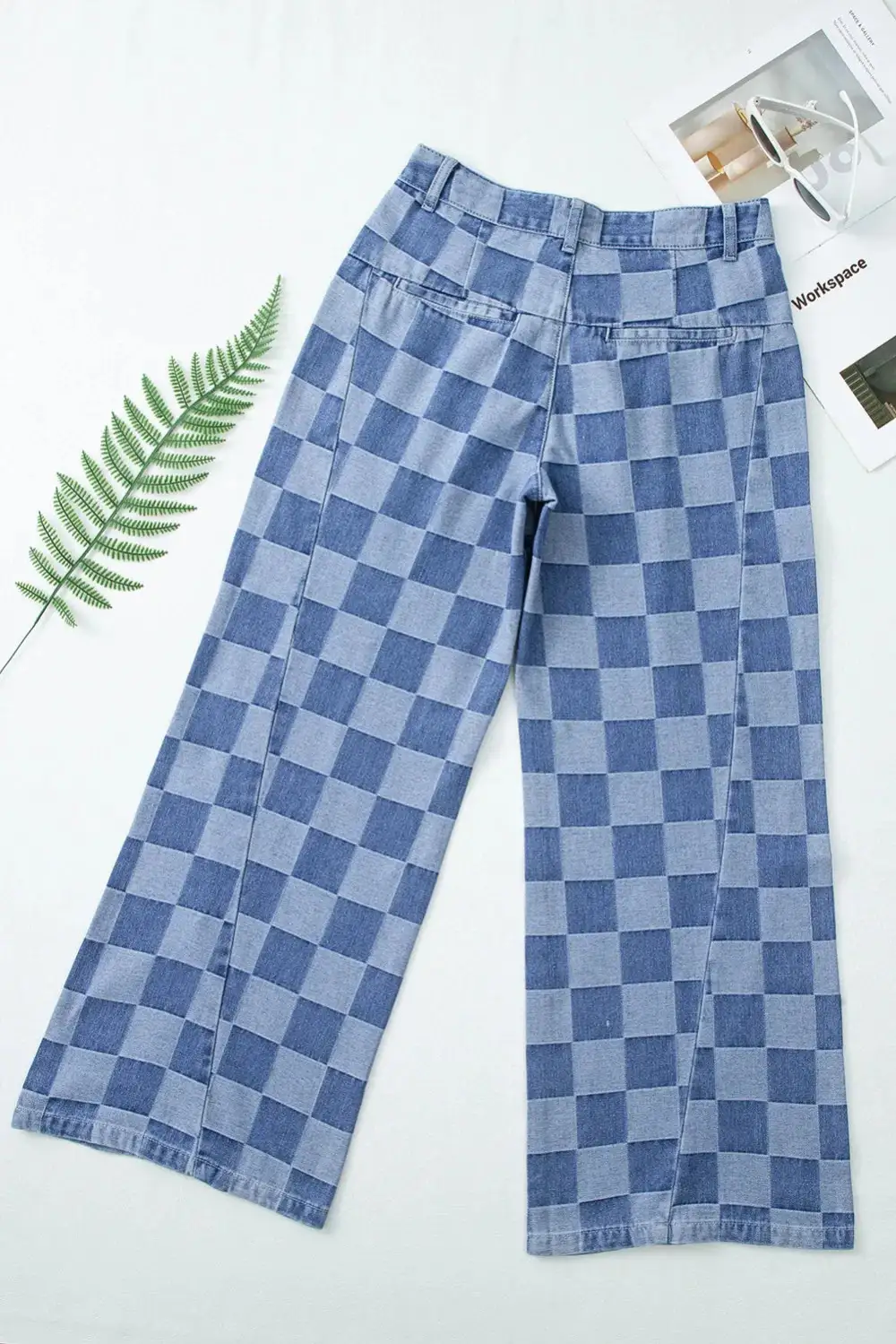 Checkered Wide Leg Pocket Denim Jeans