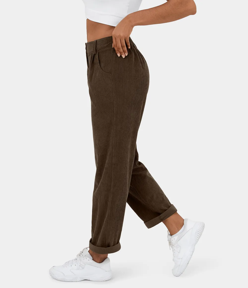 Mid Rise Button Zipper Side Pocket Corduroy Casual Pants