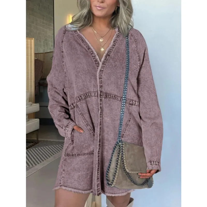 Plus Size Button-Front Long-Sleeve Denim Shirt Dress
