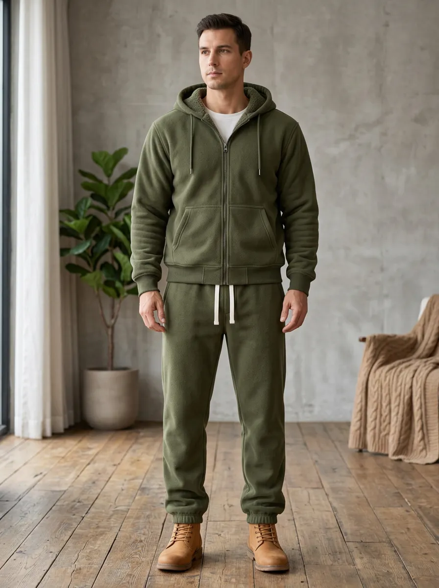 Men's Winter Fleece-Lined Zip-Up Hoodie and Trousers Set with Patch Pockets
