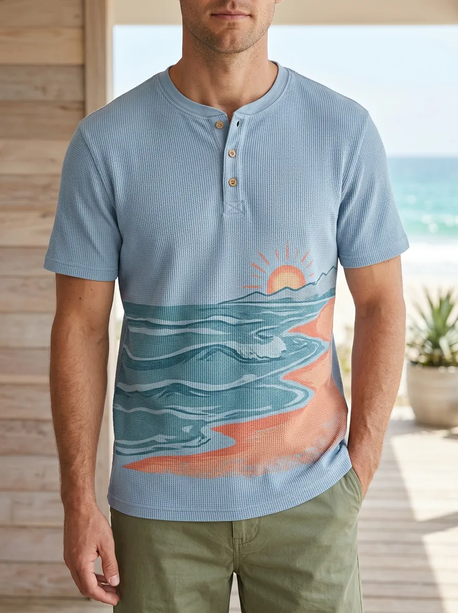 Men's Classic Beach Lover Ocean Sunset Henley T-Shirt