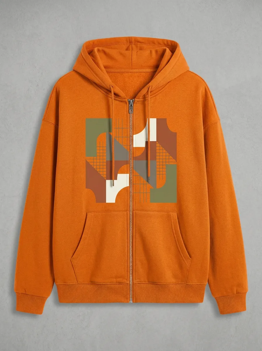 Unisex Abstract Geometric Pattern Printed Zip-up Hoodie