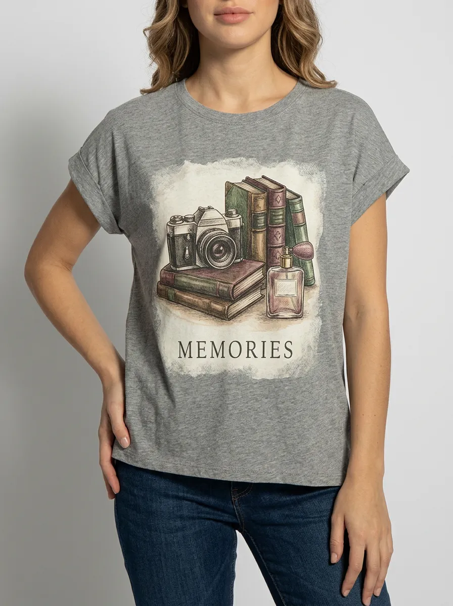 Women's Vintage Memories Camera Books Perfume Printed T-shirt
