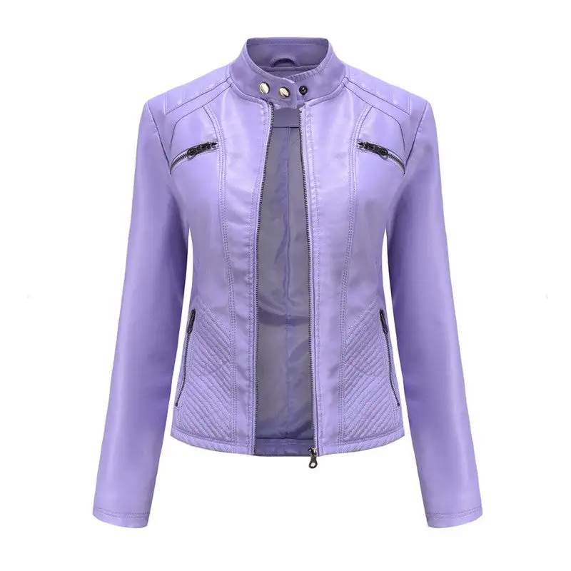 Relaxed Stand-Collar Faux-Leather Leather Casual Outerwear Jacket