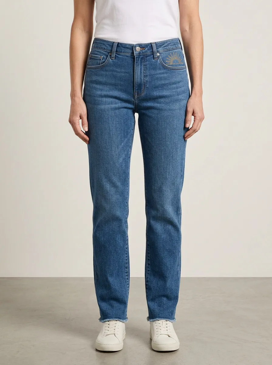 Women's Sun Embroidered Front-Pocket Frayed-Hem Mid-Rise Straight-Leg Jeans