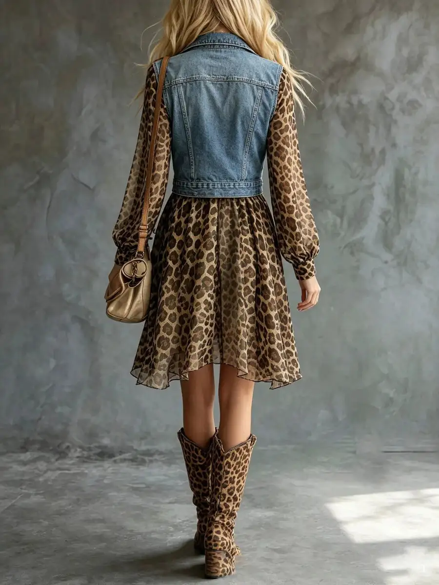 Long Sleeve Relaxed Buttoned Leopard Pocket Split Joint Lapel Mini Dress
