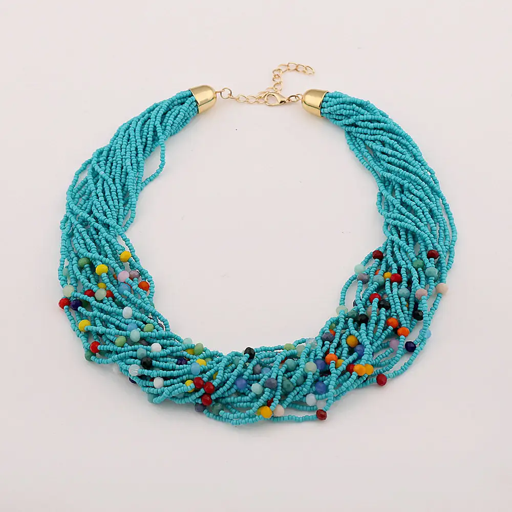 Multicolor Beaded Layered Necklace Ethnic Retro Style Collarbone Chain