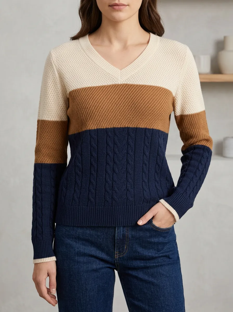 V Neck Colorblock Cable Knit Knitted Top for Women