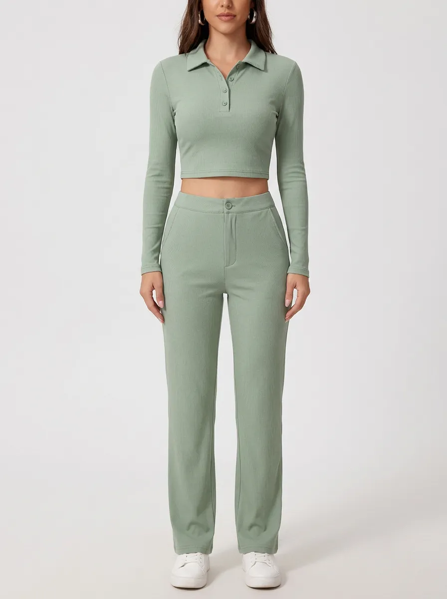 Women's Ribbed Polo Crop Top and High-Rise Straight-Leg Trouser Set