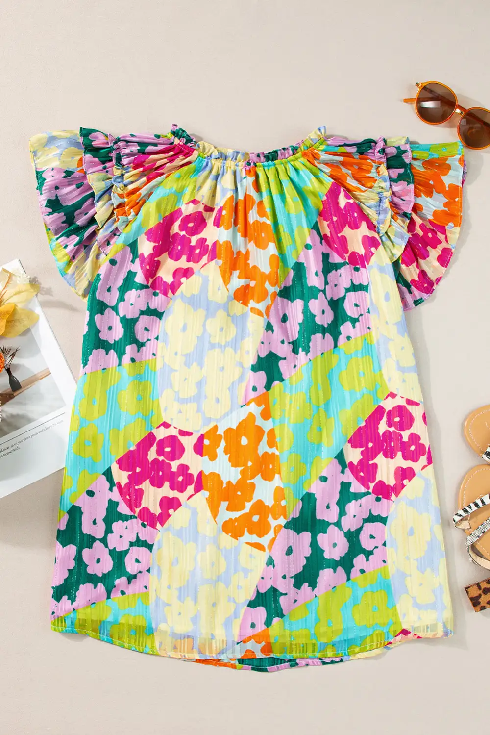 Multicolour Leopard  Sleeve V Neck Crinkled Blouse