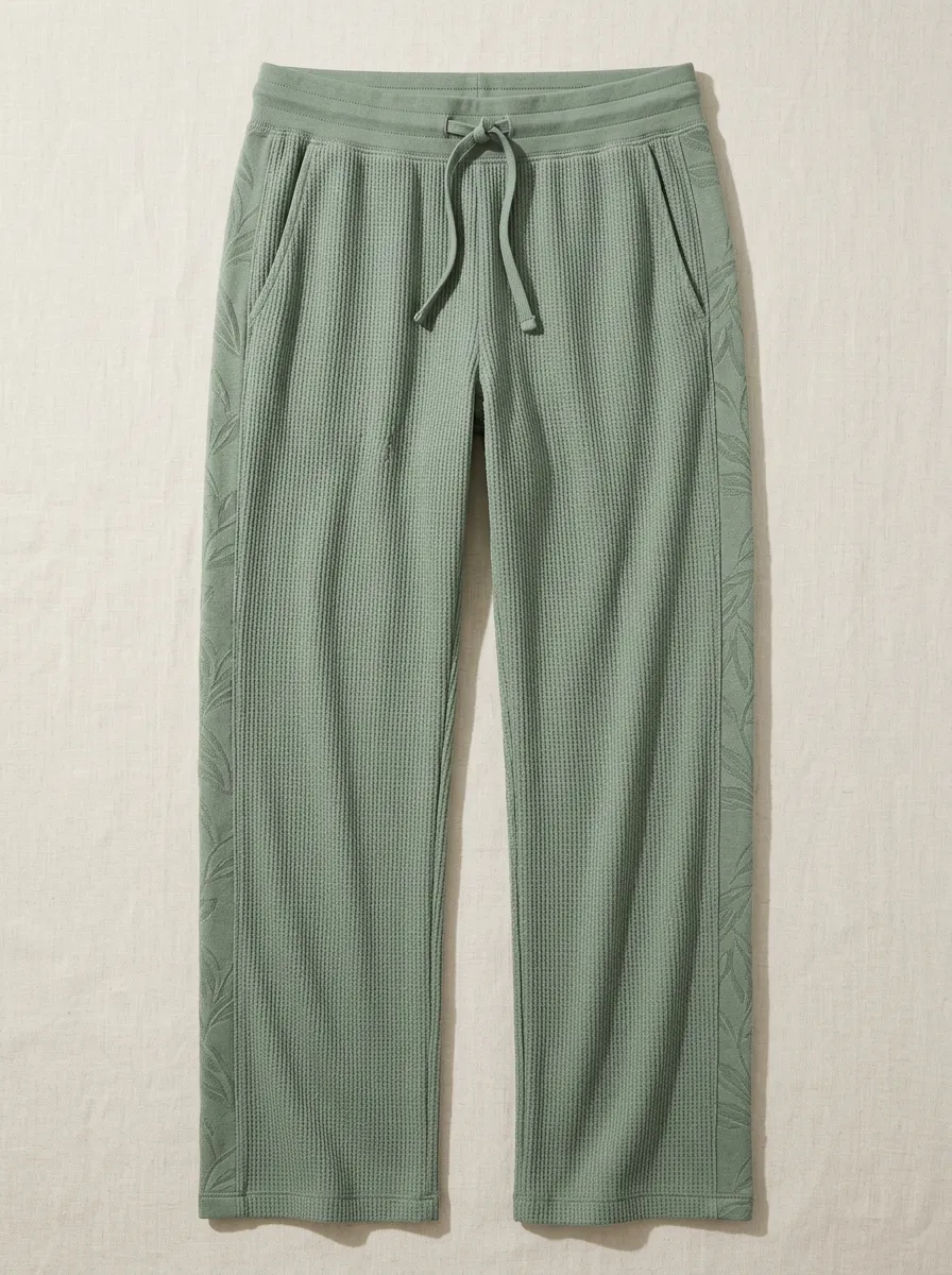 Women's Tropical Leaf Print Stripe Detail Waffle Lounge Pants