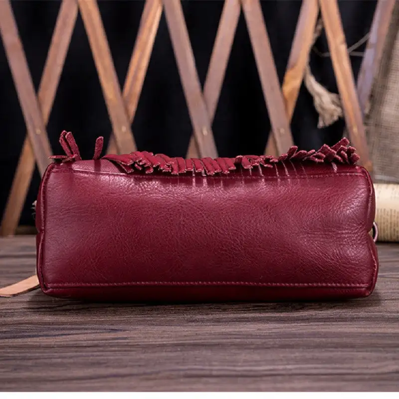 Vintage Leather Messenger Bag Tassel Horizontal Square