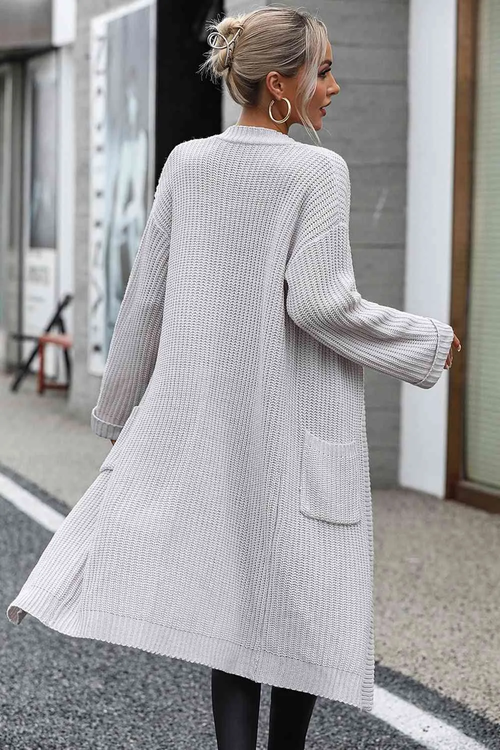 Open Front Dropped Shoulder Pocket Detail Cardigan