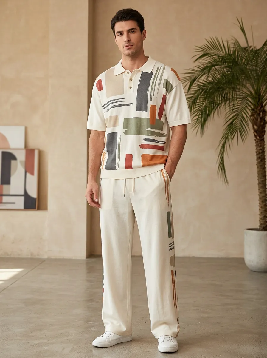 Men's Abstract Art Pattern Printed Polo Shirt and Pants Casual Set