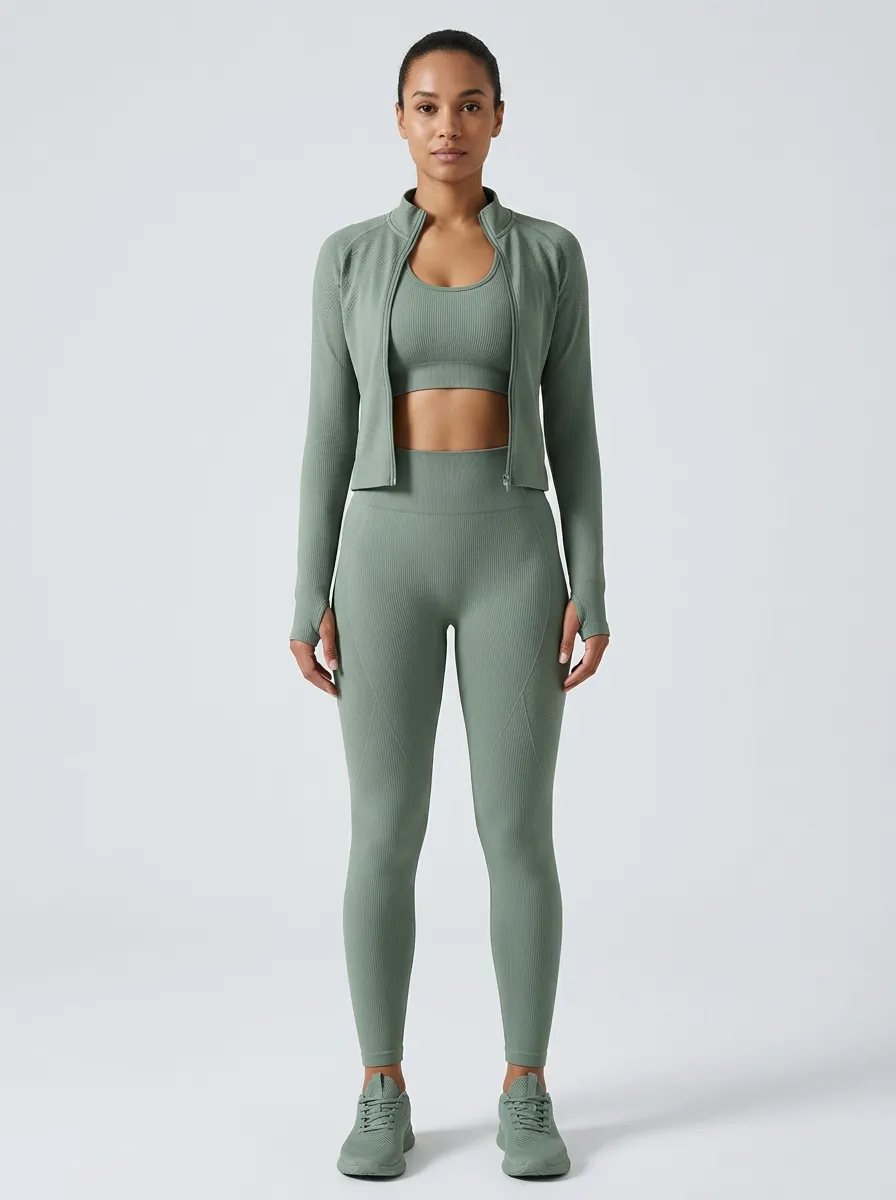 Utility Ribbed Texture Seamless Design Profile Women's Three Piece Activewear Set