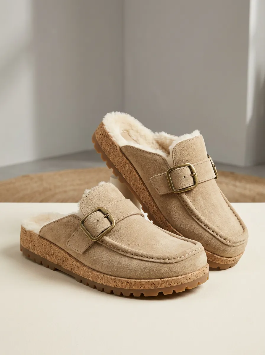 Women's Classic Faux Fur Lined Buckle Detail Clog Style Suede Wood Sole Loafers