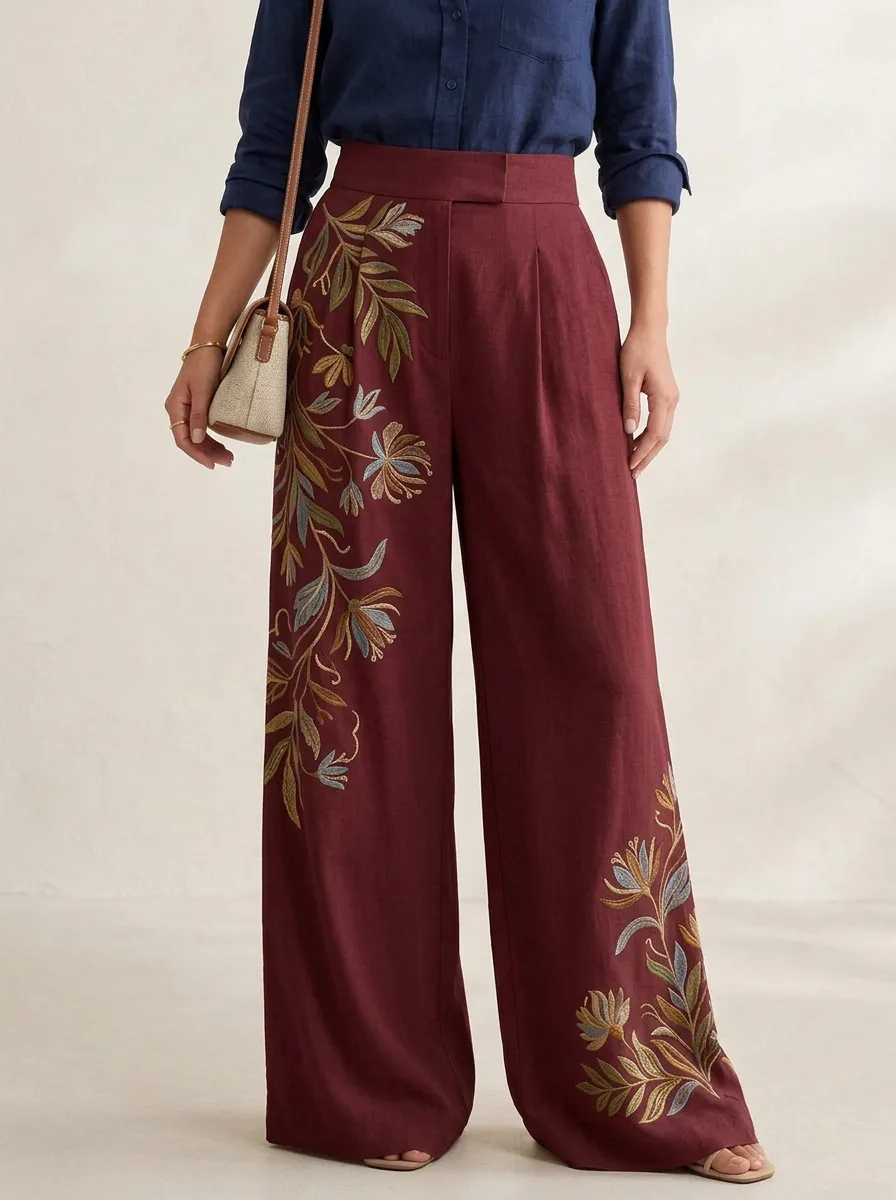 Women's Botanical Floral Embroidered Patterned High-Waisted Wide-Leg Pants