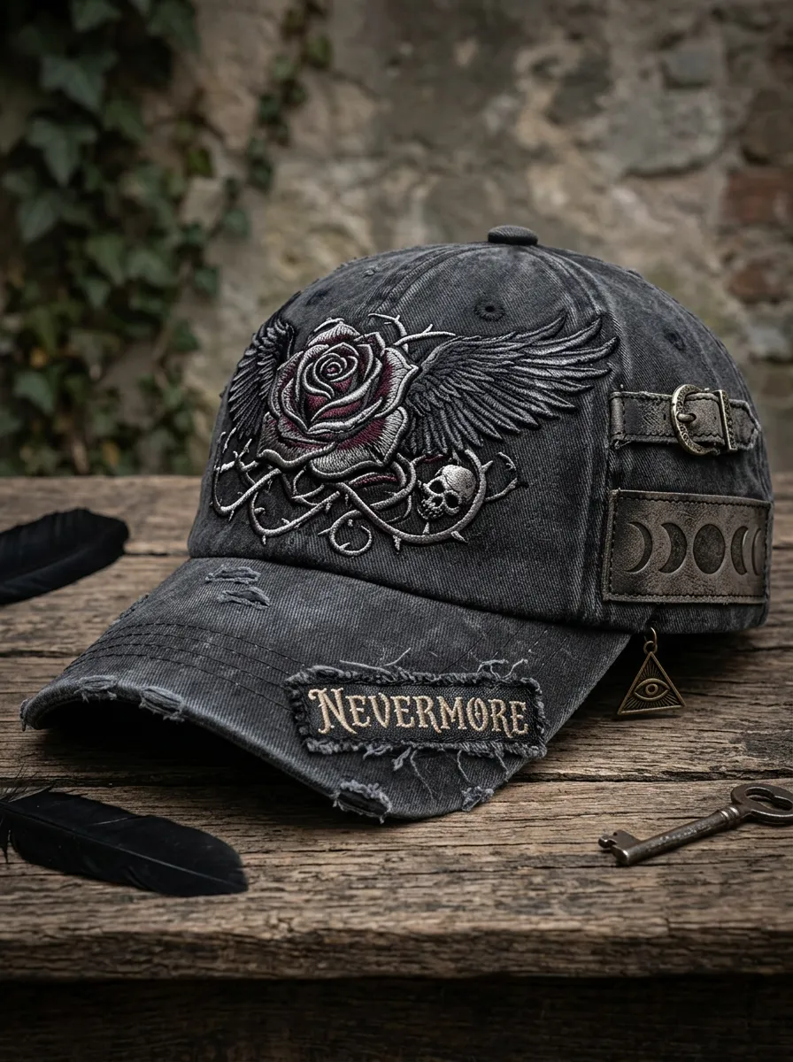 Arcane Skull Rose Embroidered Dark Look Unisex Gothic Baseball Cap