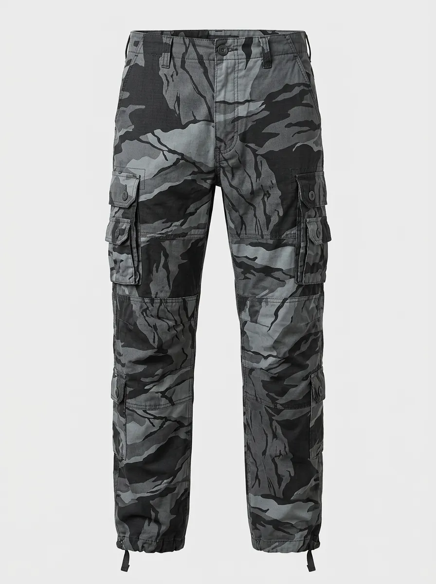 Men's Camo Lower-Leg-Pocket Drawstring-Hem Cargo Pants