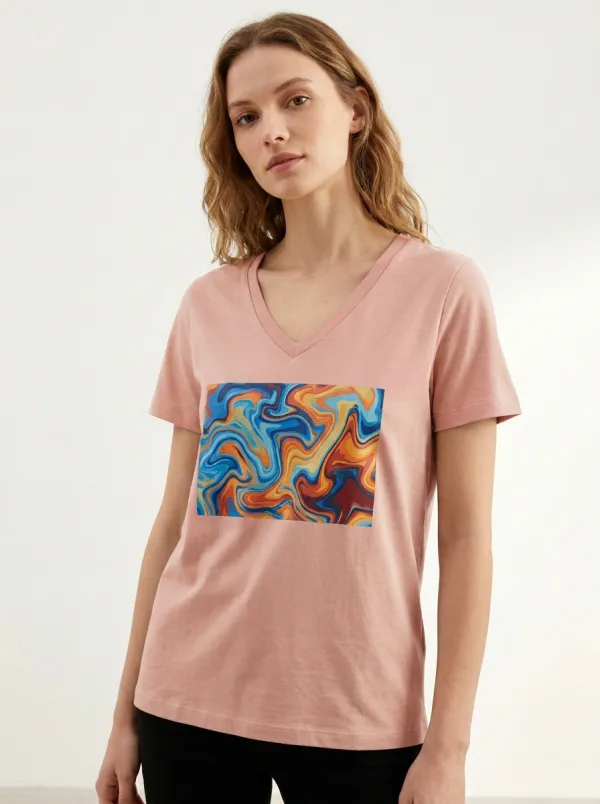 Women's Abstract Art Marble Swirl Printed V-Neck T-Shirt Relaxed Design