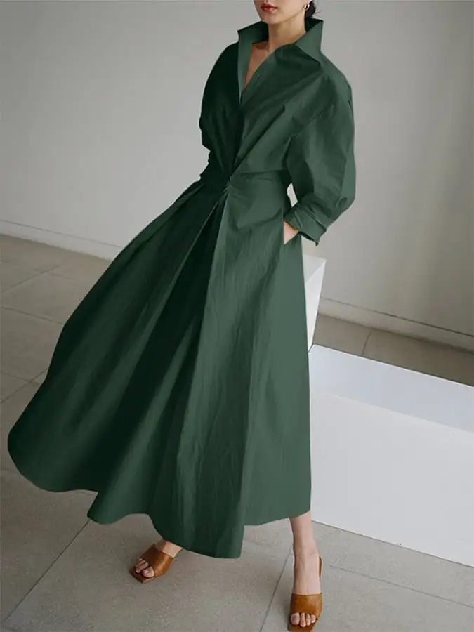 Women's Solid Pocket Button Lapel Long Sleeve Maxi Shirt Casual Dress