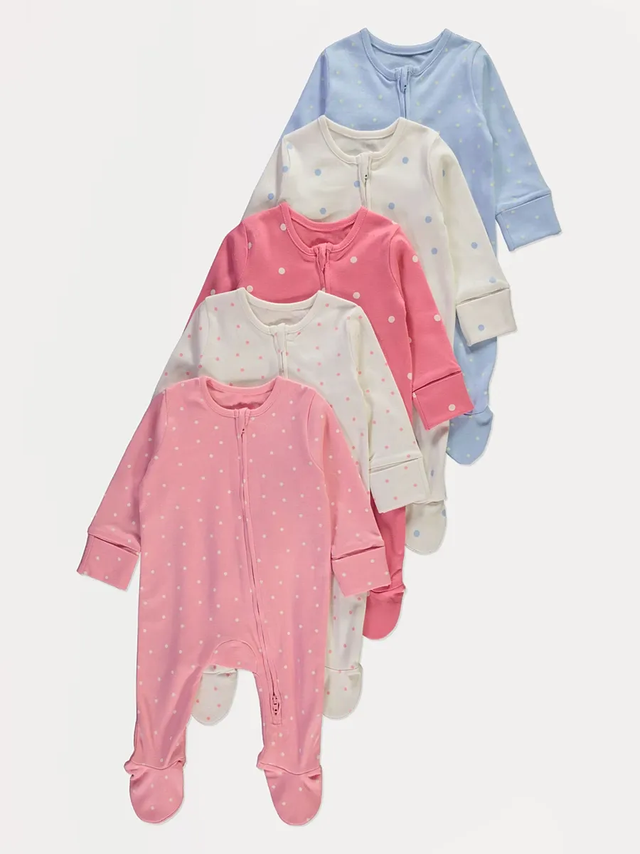 Pink Spotty Zip Fasten Sleepsuits 5 Pack
