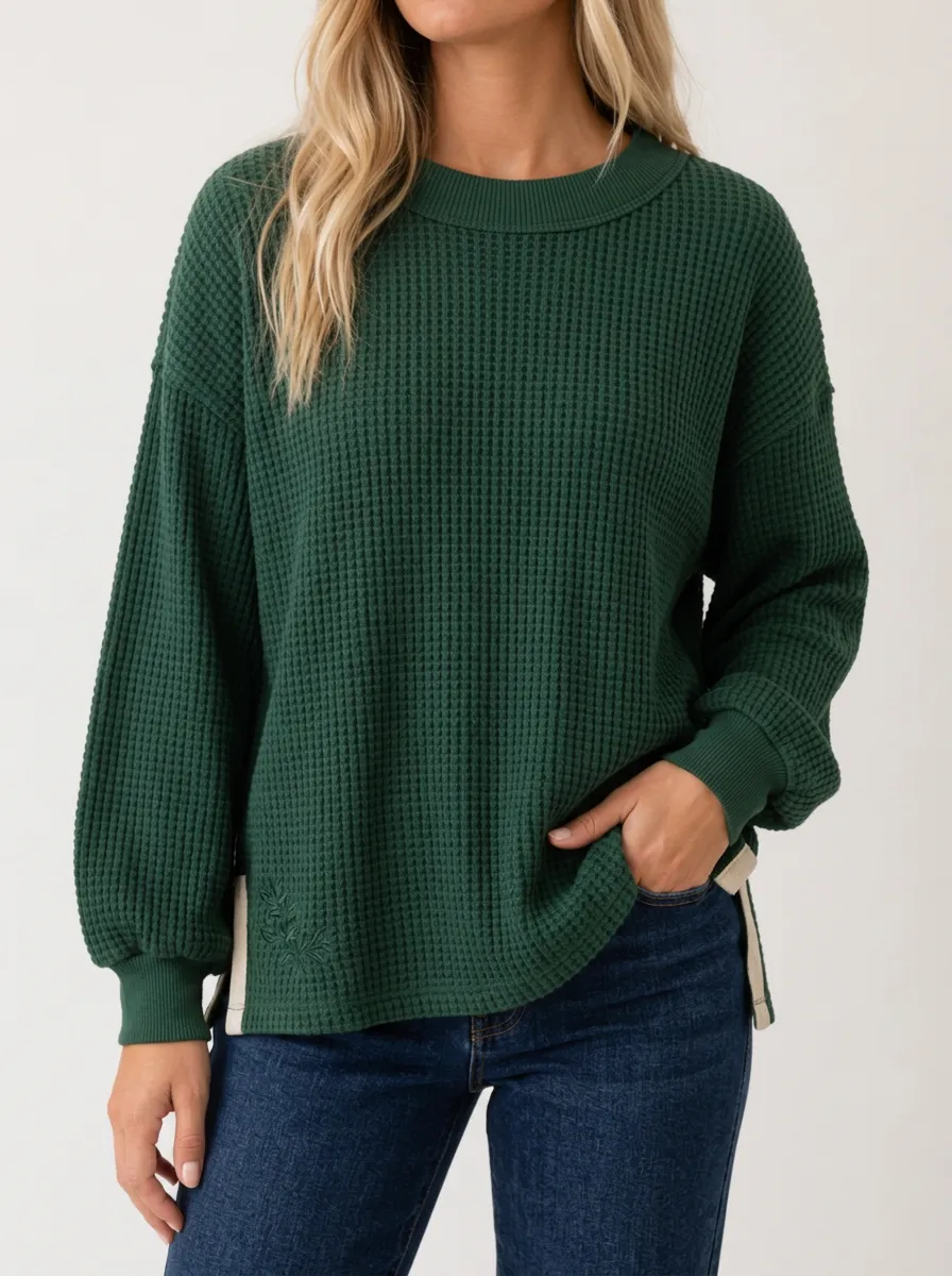 Women's Green Waffle Knit Floral Embroidered Long Sleeve Top