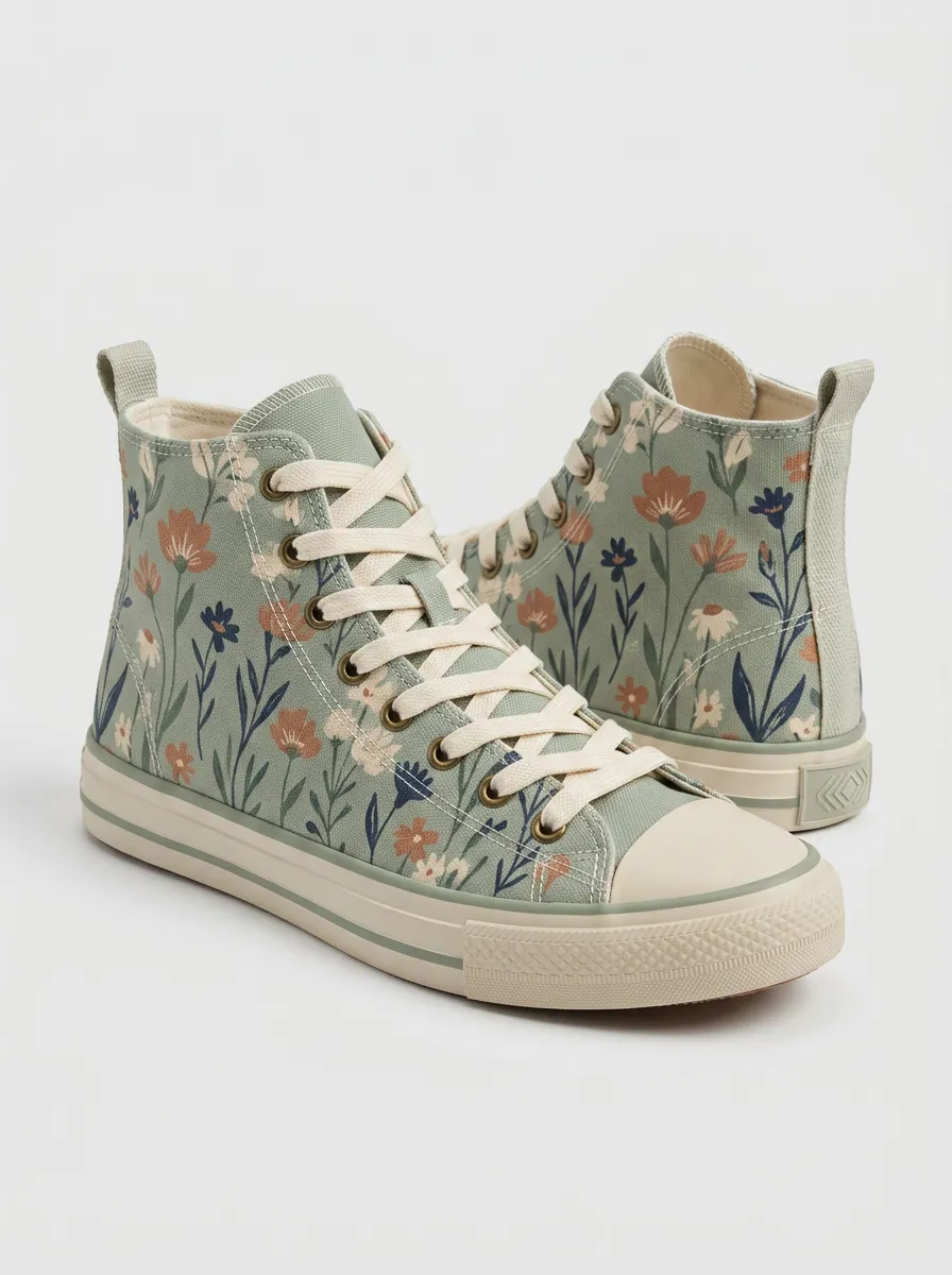 Women's Floral Lover Sage Green Wildflower Printed High Top Shoes