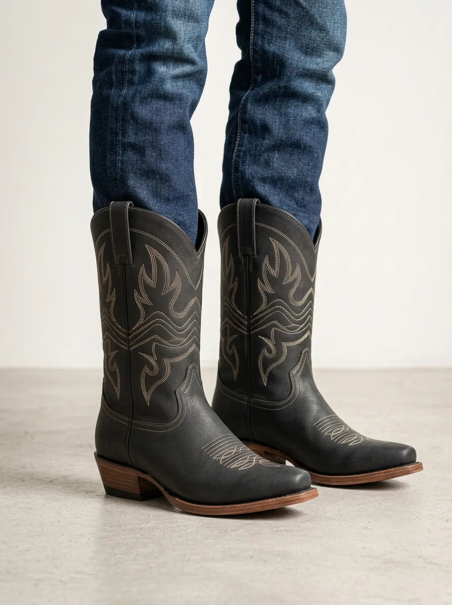 Unisex Western Cowboy Flame Stitch Boots