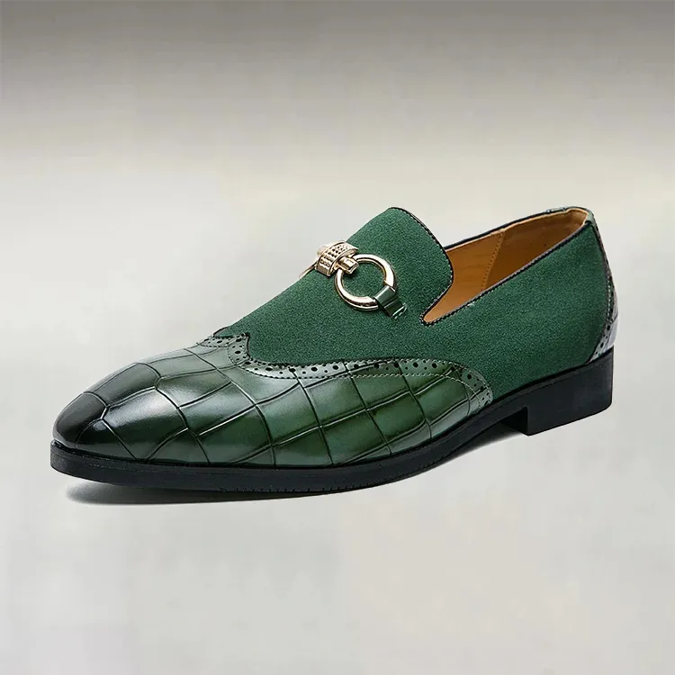 Men's Plaid Leather Patchwork Buckle Decor Slip On Pointed Toe Loafers Shoes