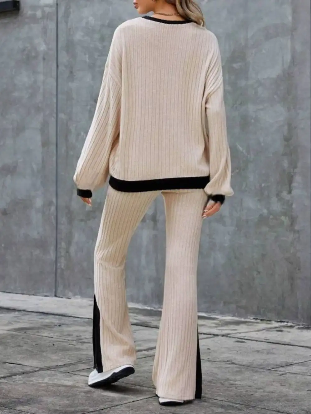 Contrast Round Neck Long Sleeve Top And Bootcut Pants Set