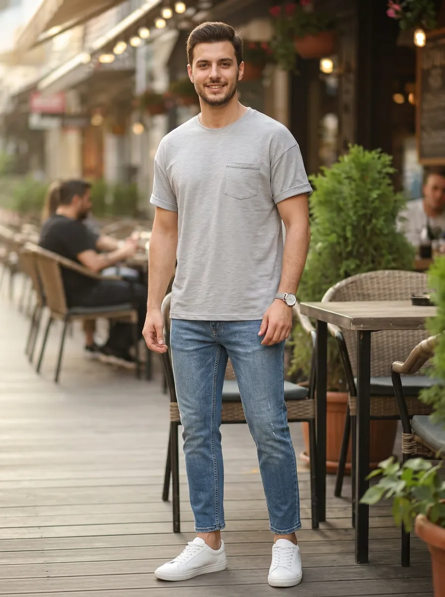 Men's Casual Streetwear Grey Pocket T-shirt and Blue Denim Jeans Set