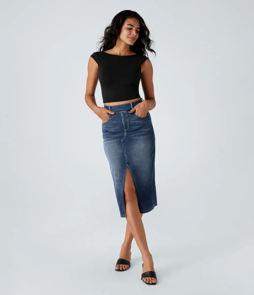 Magic High Waisted Multiple Pockets Bodycon Split Washed Stretchy Knit Denim Casual Midi Skirt