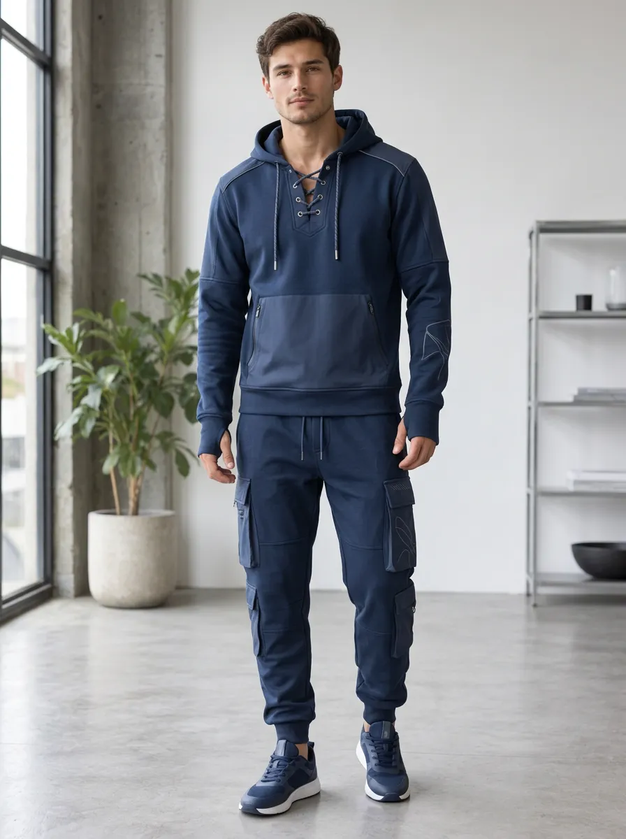 Urban Lace-Up Multi Pocket Look Men's Lace Up Hoodie And Cargo Jogger Set