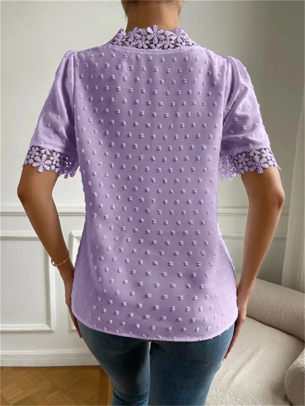 Lace Trim V-Neck Short Sleeve Blouse