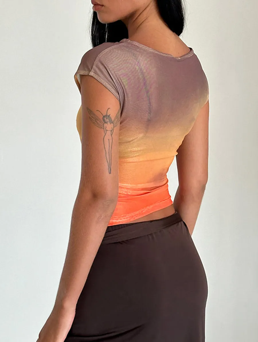 Mesh Printed Orange Top