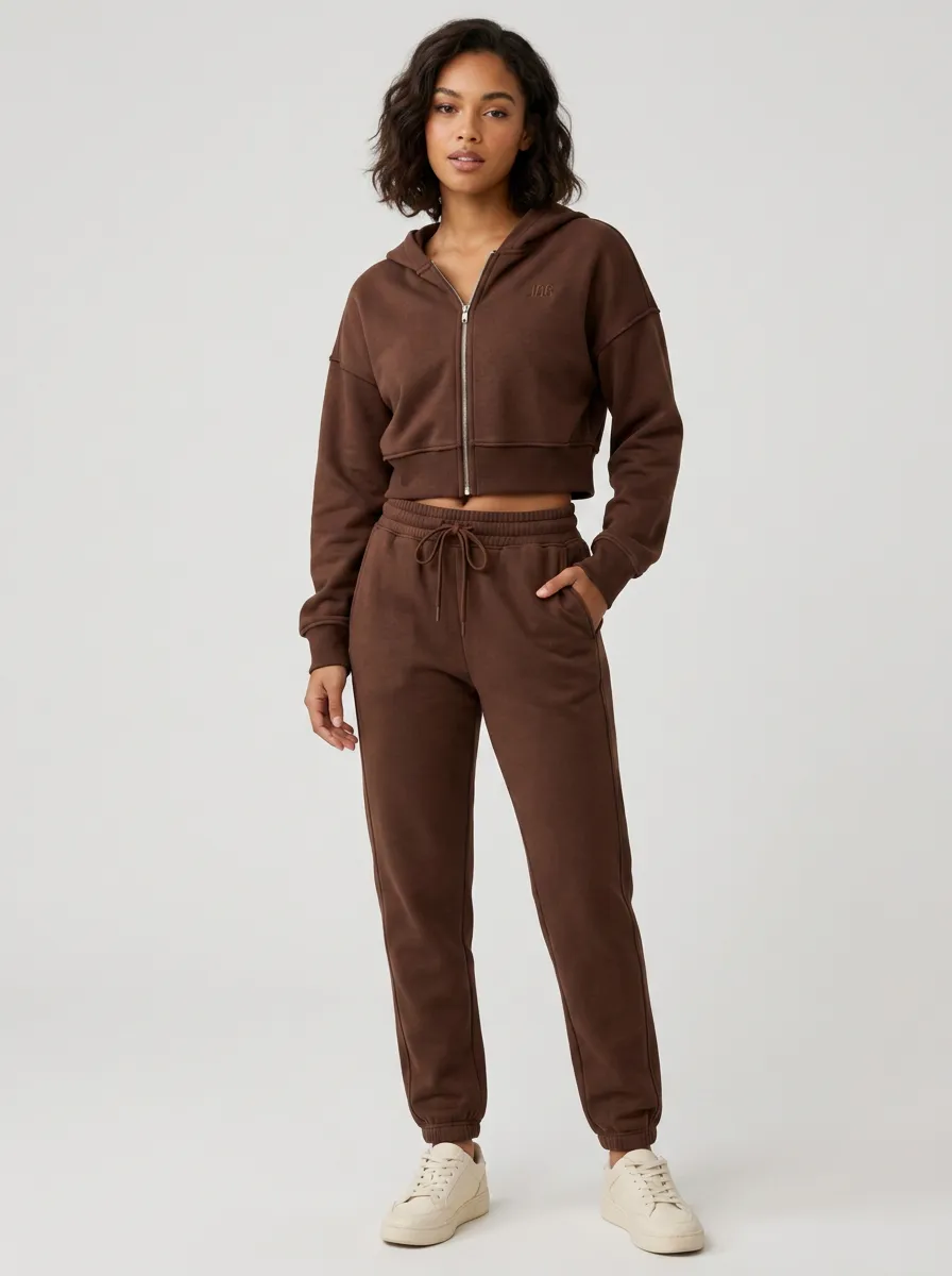 Women's Casual Sporty Brown Solid Color Zip-up Hoodie Jogger Set