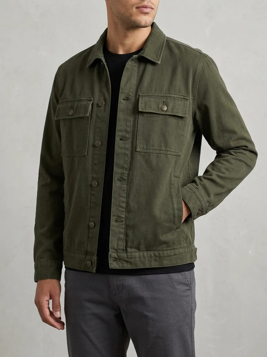 Men's Casual Outdoor Olive Green Button-Up Utility Jacket
