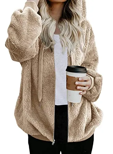 Womens Full Zip Up Sherpa Hoodie Fuzzy Fleece Jacket Oversized Fluffy Coat with Pockets