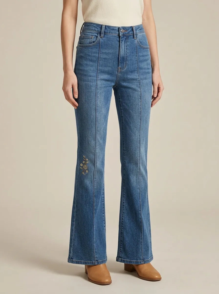 Women's Floral Thigh Embroidered Finished-Hem Front-Seam Flare Jeans