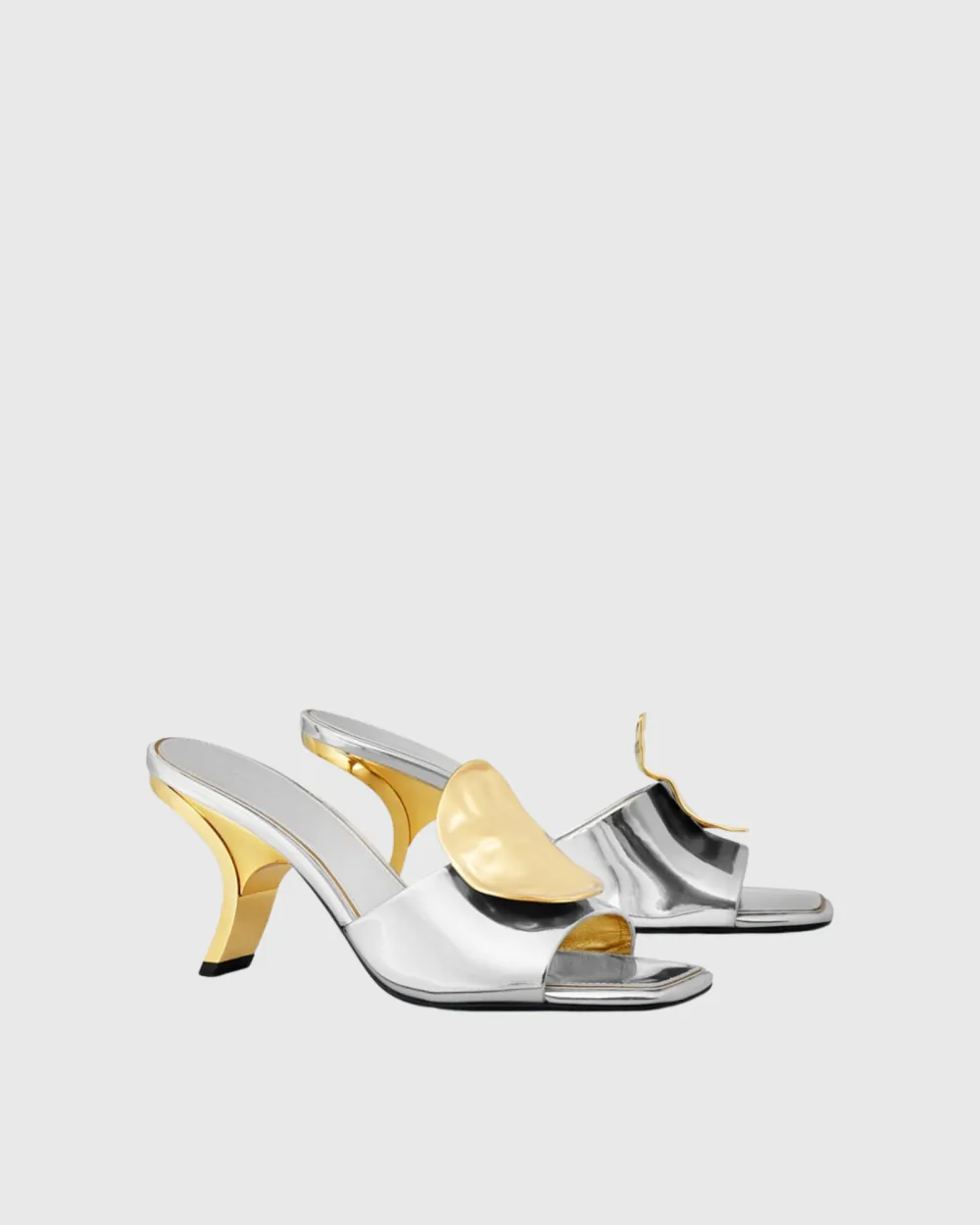 Metal Coin Asymmetrical Slippers in Silver