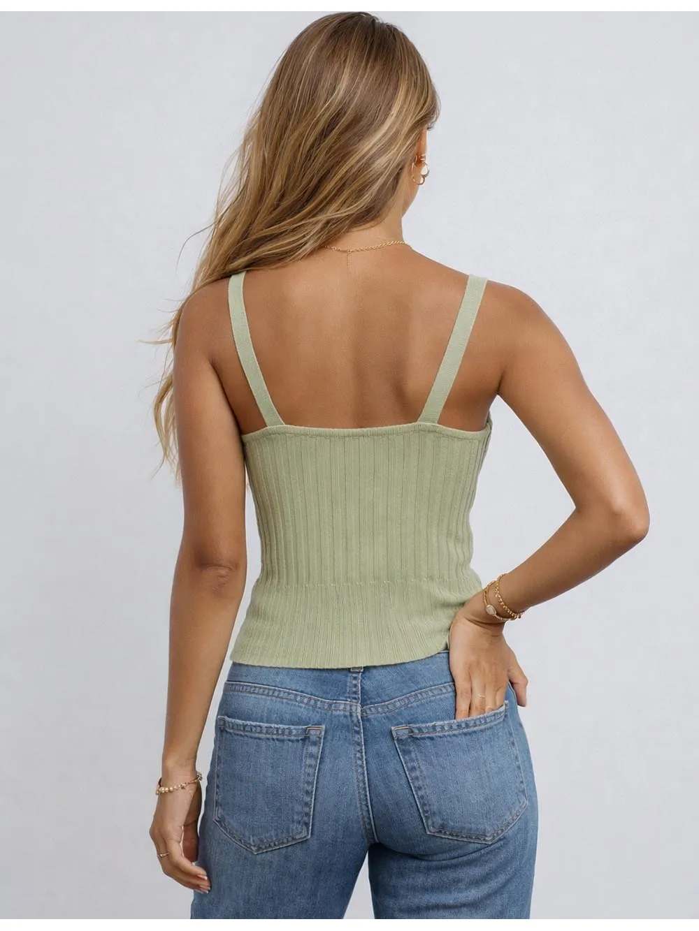 Ribbed Knit Solid Color Wrap V Neck Sleeveless Top