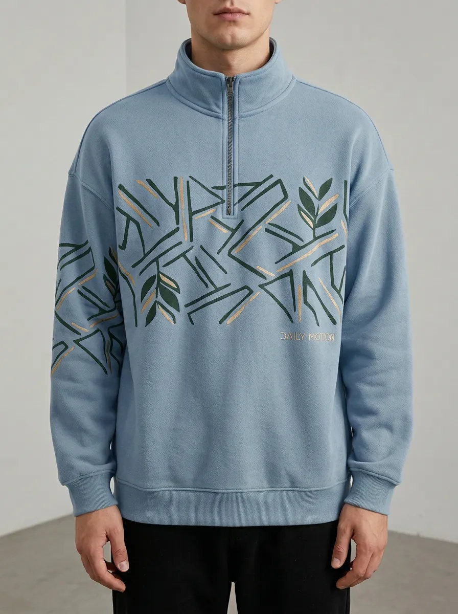 Half-Zip Geometric Leaf-Pattern Men's Half-Zip Sweatshirt