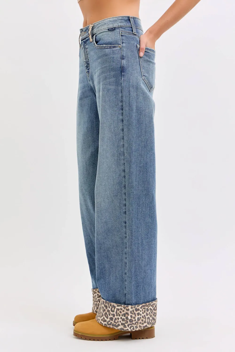 Women's Leopard-Cuff Mid-Rise Wide-Leg Jeans