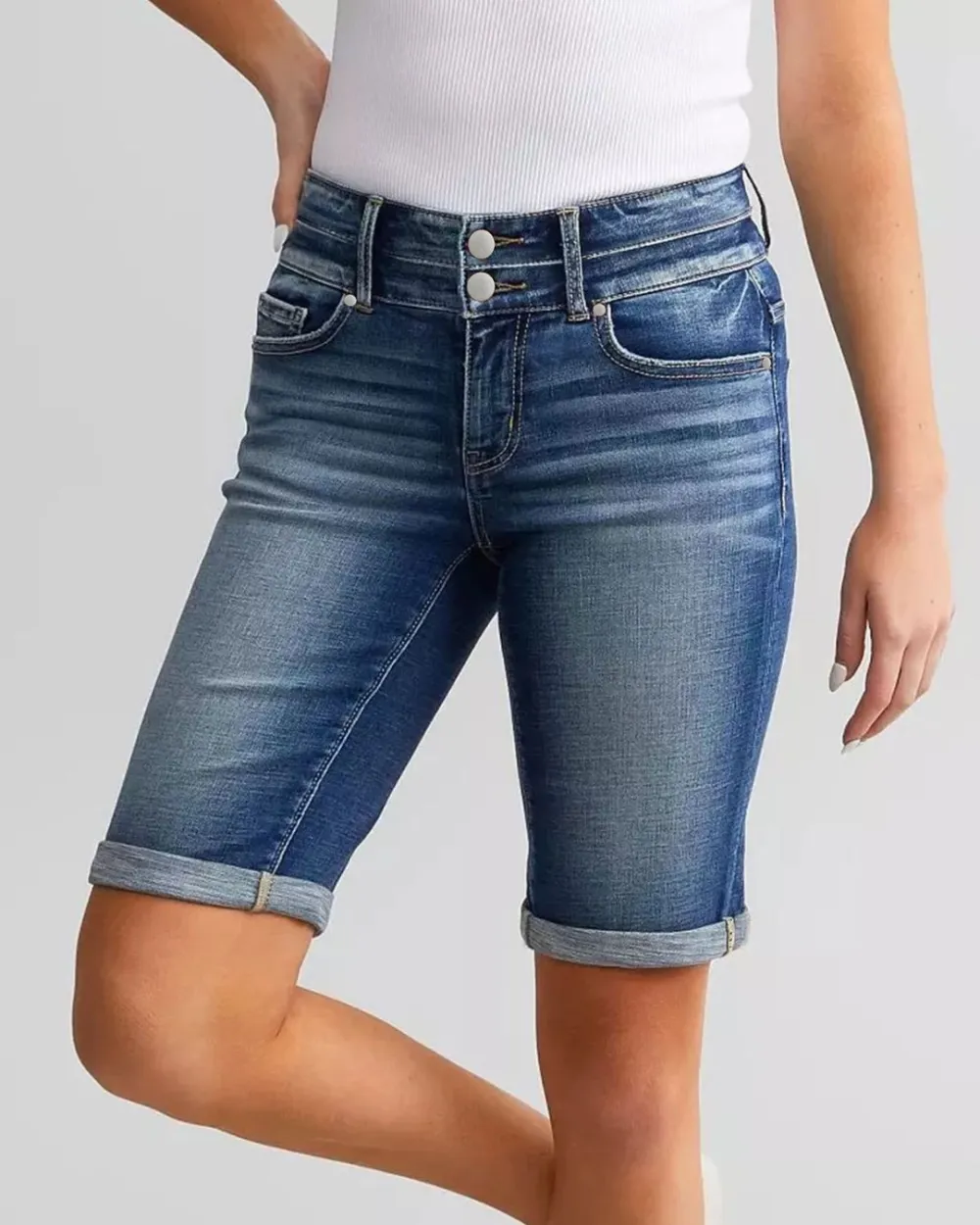 Washed Stretch Double-Button Long Shorts